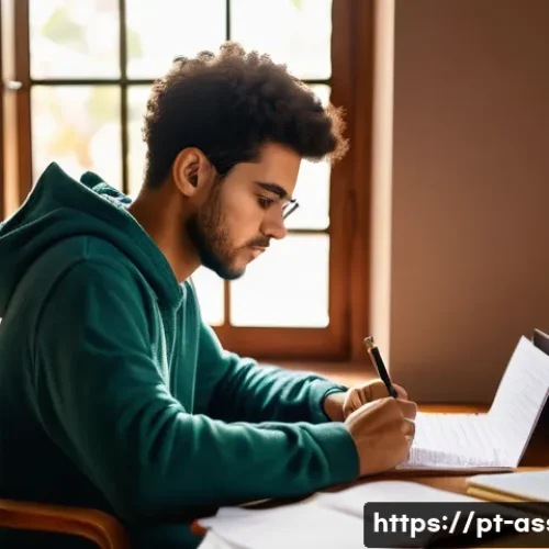 자산관리사 필기 시험 고득점 비결 - A focused young Brazilian adult studying at a wooden desk in a cozy home office, with natural daylig...