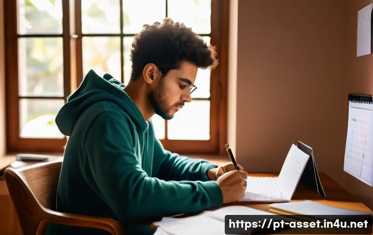 자산관리사 필기 시험 고득점 비결 - A focused young Brazilian adult studying at a wooden desk in a cozy home office, with natural daylig...