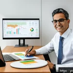자산관리사로서의 자기계발 전략 - A modern financial consultant workspace in S&atilde;o Paulo, Brazil, featuring a professional seated at a s...