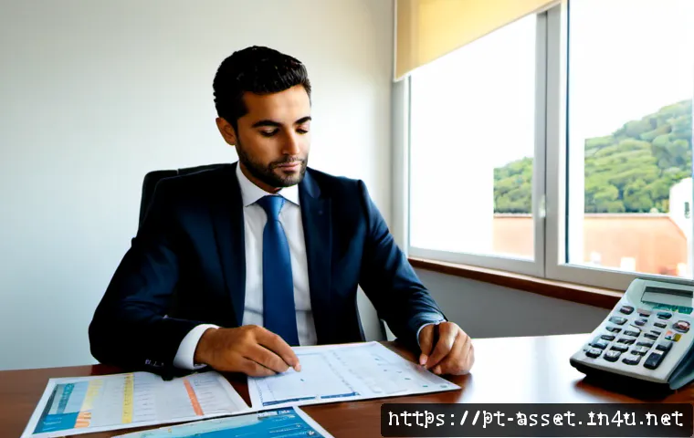 Home 13 자산관리사 연봉 협상 시 유리한 자료 준비 - Photorealistic financial advisor in a modern Lisbon office, confidently preparing for a salary negot...